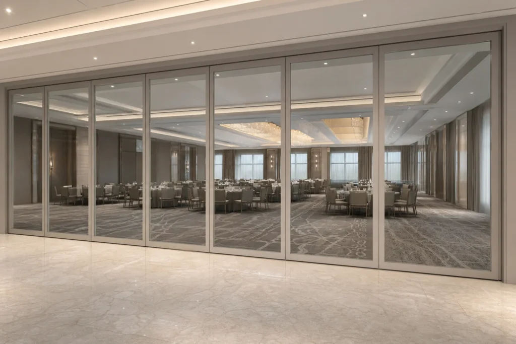 Movable glass partition in a hotel conference interior