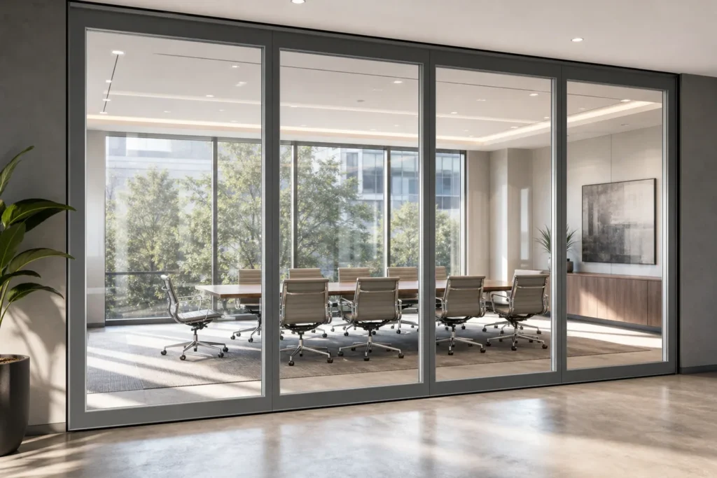 Movable glass partition in an office meeting room