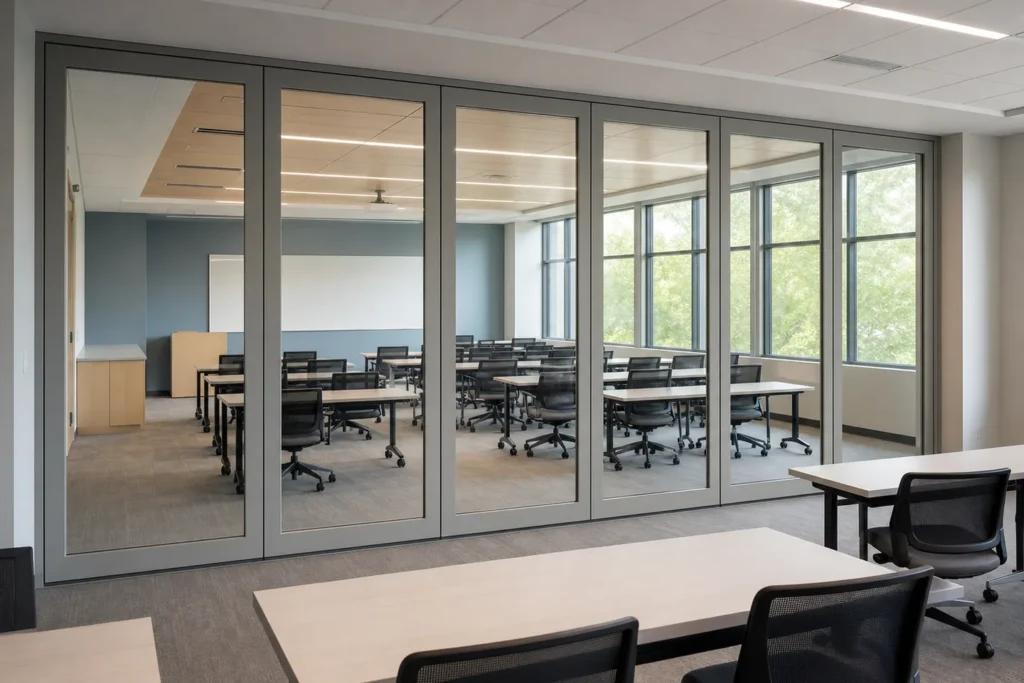Movable glass partition in a school training room