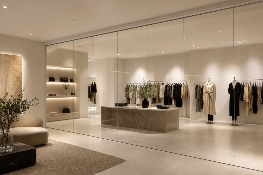 Frameless movable glass partition in a retail interior