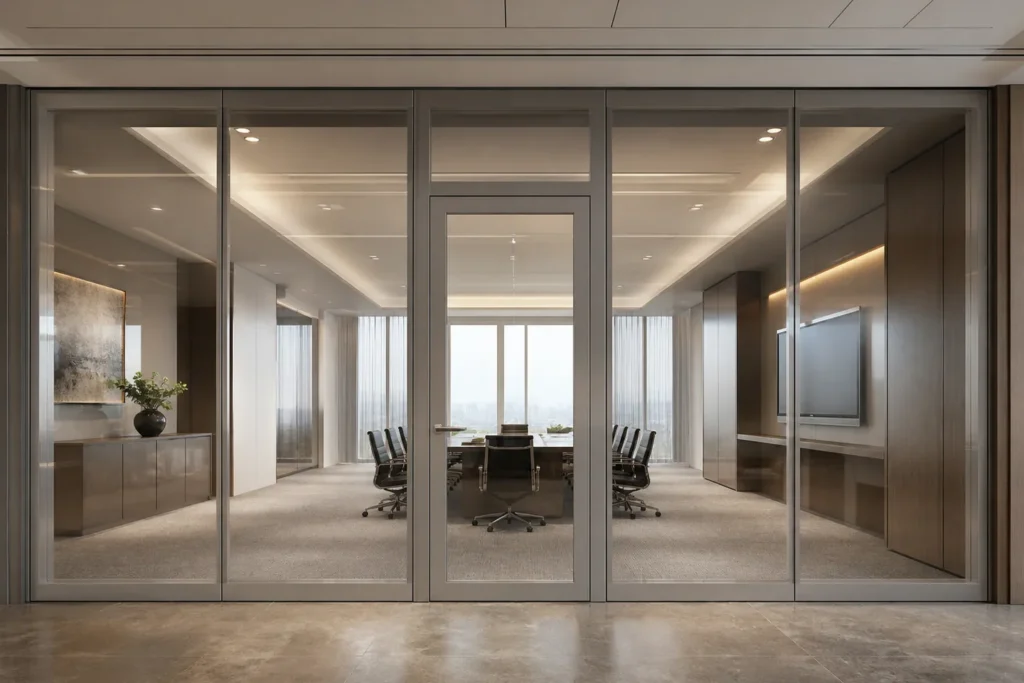 Framed movable glass partition with integrated pass door
