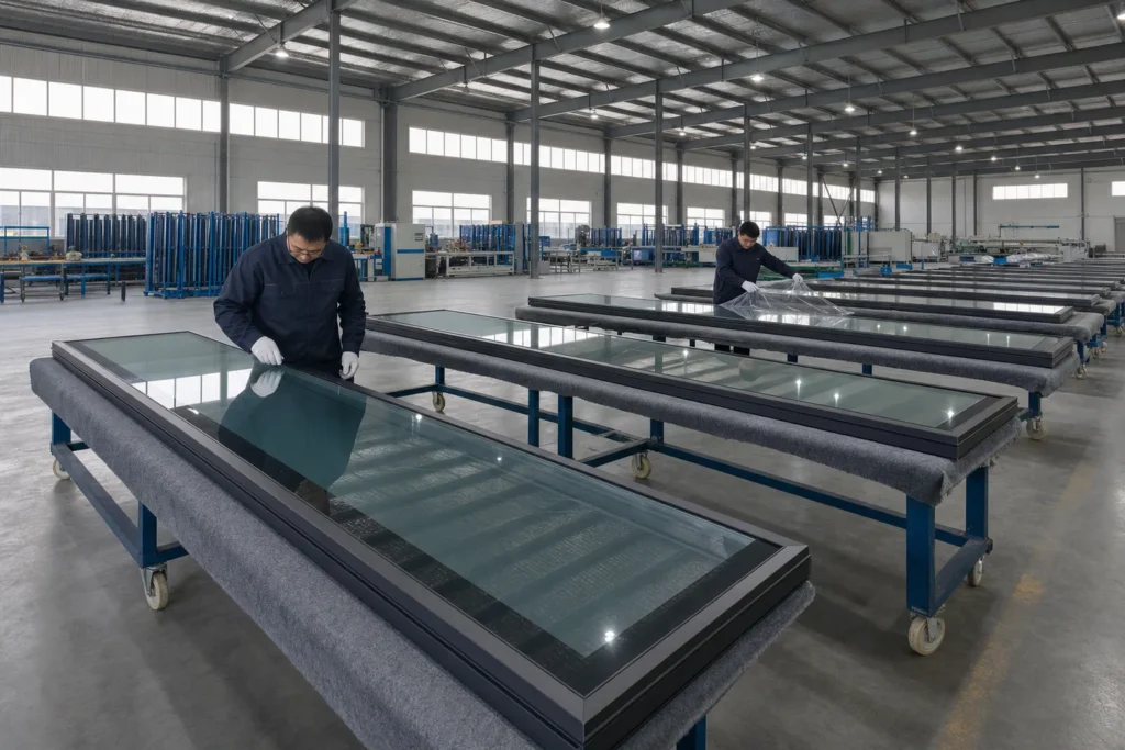 Full-size movable glass partition panel final inspection