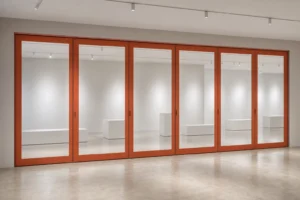 Completed exhibition gallery divided by a terracotta framed movable glass wall