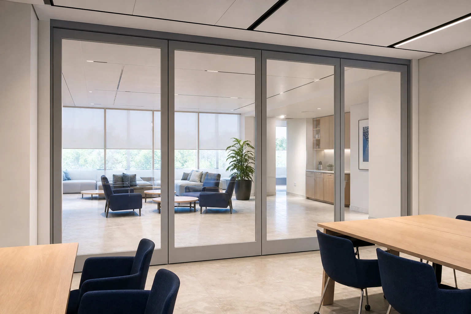 How Top-Hung Movable Glass Walls Seal Without a Floor Track — opening application view explanatory EBUNGE movable glass wall concept