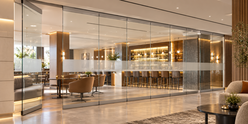 Top-hung frameless single-glazed movable glass wall in a hospitality interior