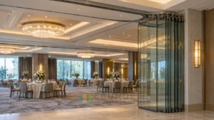 EBUNGE top-hung framed movable glass partition panels parked beside a hotel ballroom opening