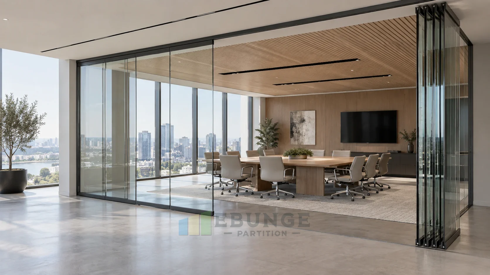 EBUNGE top-hung movable glass partition with folding parking panels beside a modern executive boardroom