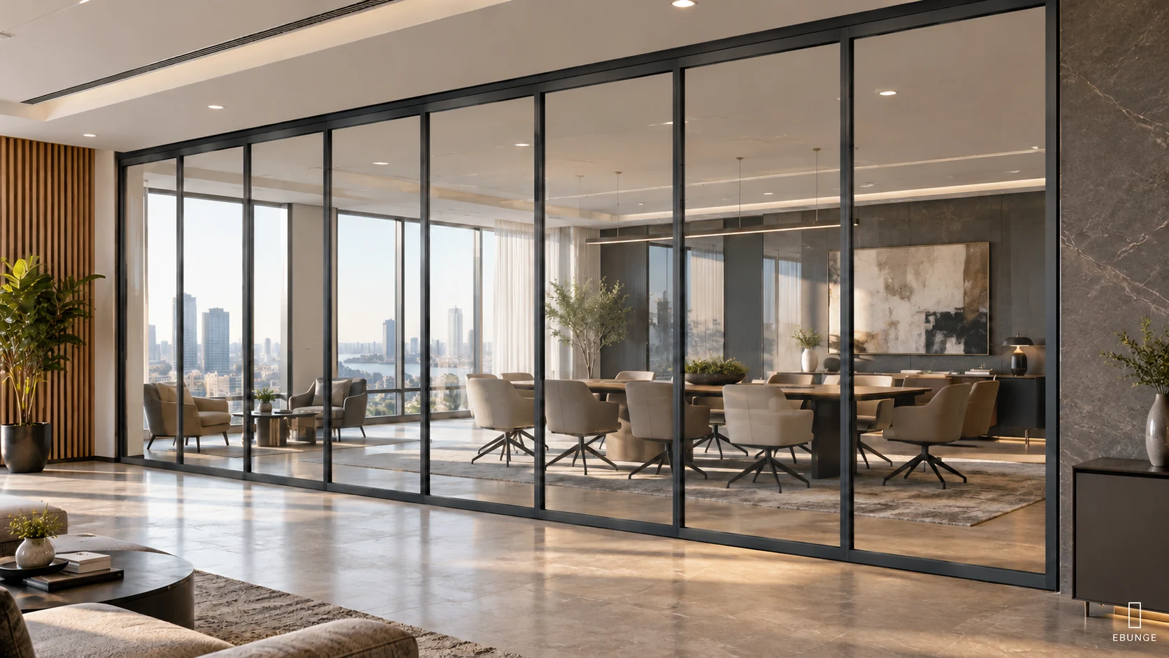 EBUNGE framed movable glass partition in a corporate breakout and meeting room
