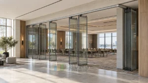 EBUNGE top-hung framed movable glass partition with partially open panels in a conference centre foyer