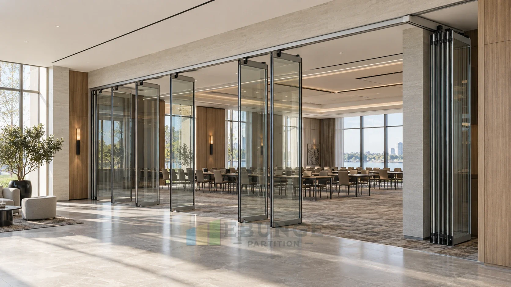EBUNGE top-hung framed movable glass partition with partially open panels in a conference centre foyer