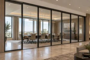 EBUNGE top-hung framed movable glass partition in a hotel conference room