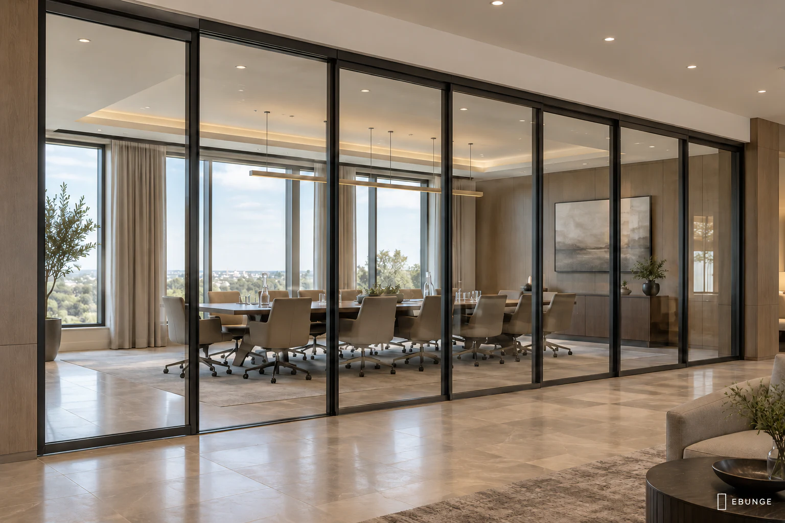 EBUNGE top-hung framed movable glass partition in a hotel conference room