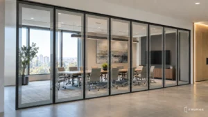 EBUNGE framed movable glass partition enclosing a modern meeting room