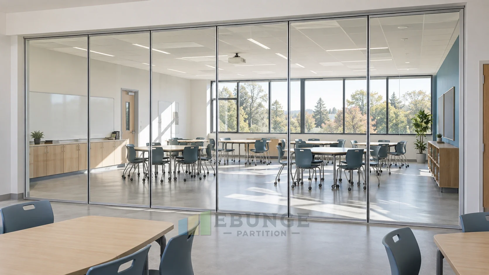 EBUNGE top-hung framed movable glass partition dividing a contemporary school classroom