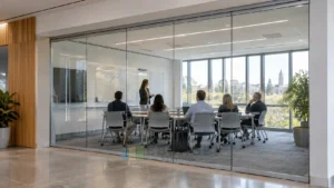 EBUNGE top-hung framed movable glass partition enclosing a modern professional training room