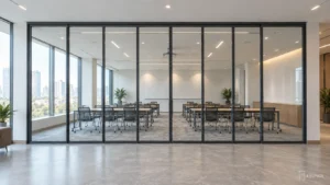 EBUNGE full-width framed movable glass partition in a commercial training room